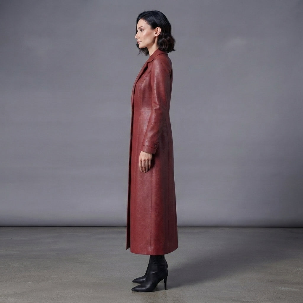 Women's  Faux Burgundy Leather Trench Coat