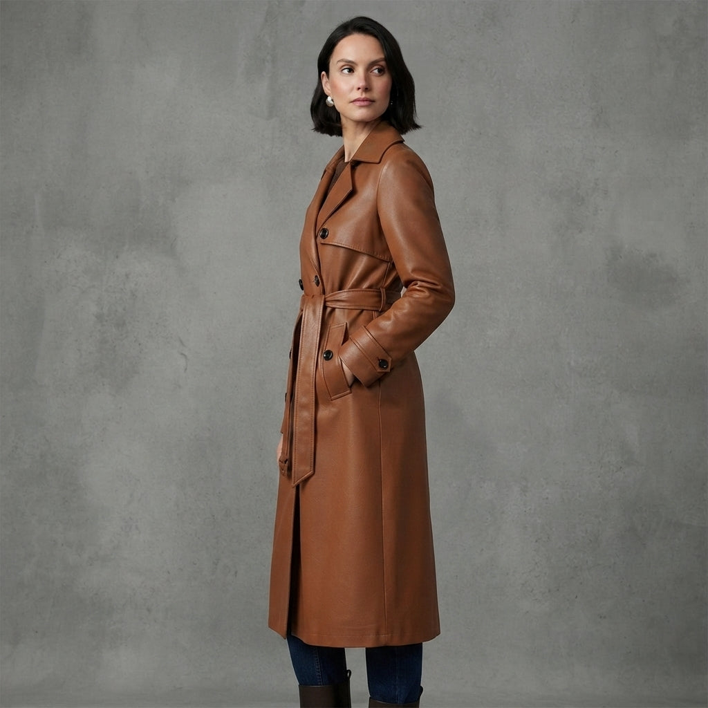 Women's  Faux Brown Leather Trench Coat