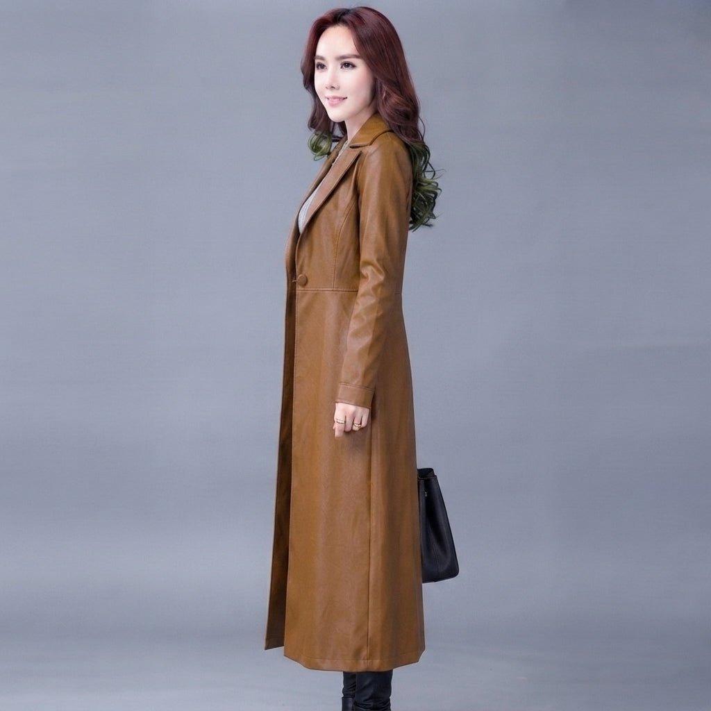 Women's  Faux camel  Leather Trench Coat