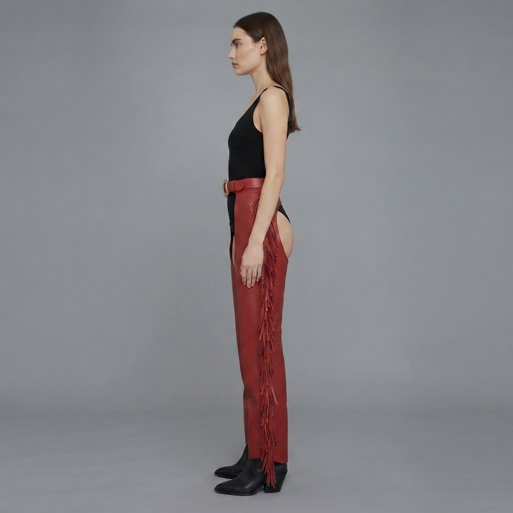 Women Black and RED  Leather Chaps