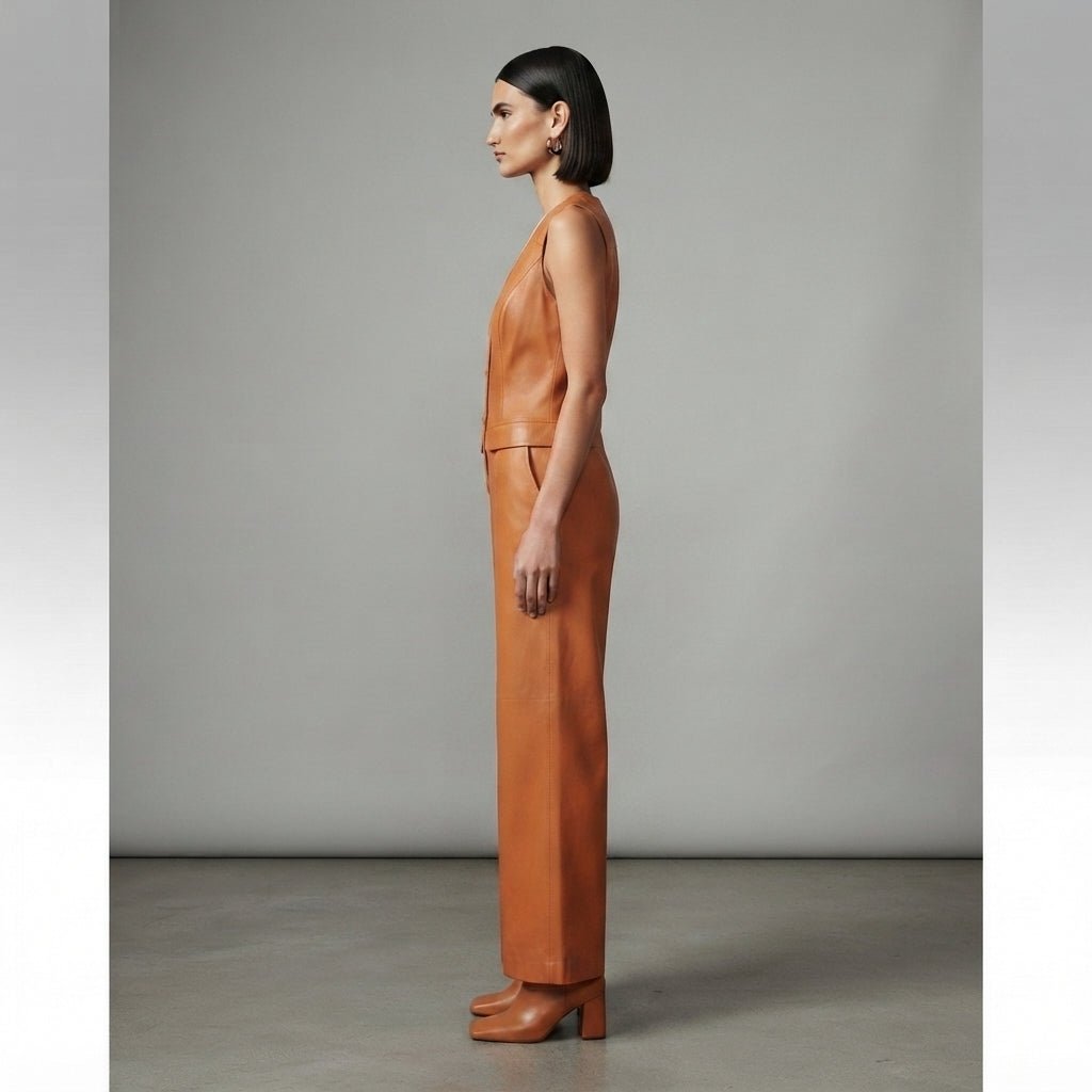 Women's Orange  Leather Jumpsuit