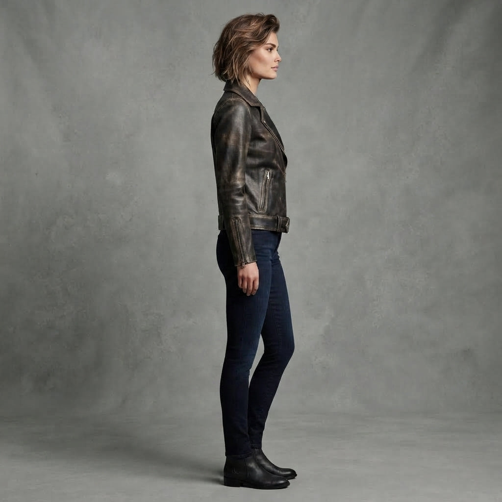 Buy Women's Dark Brown Rub-off Cafe Racer Leather Jacket
