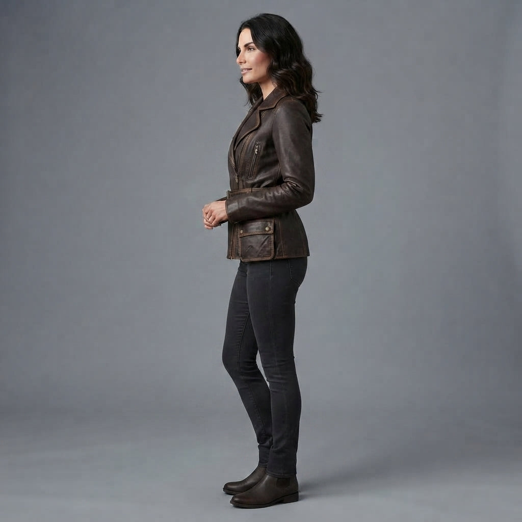 Buy Women's Dark Brown Rub-off Cafe Racer Leather Jacket