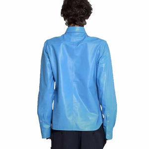 Sky Blue Lambskin Leather Shirt Men