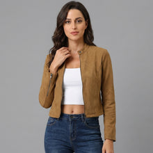 Load image into Gallery viewer, Women's Brown Suede Cropped Moto Jacket
