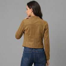 Load image into Gallery viewer, Women's Brown Suede Cropped Moto Jacket
