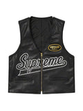 Supreme spider web black leather vest front view with bold web stitching on genuine leather