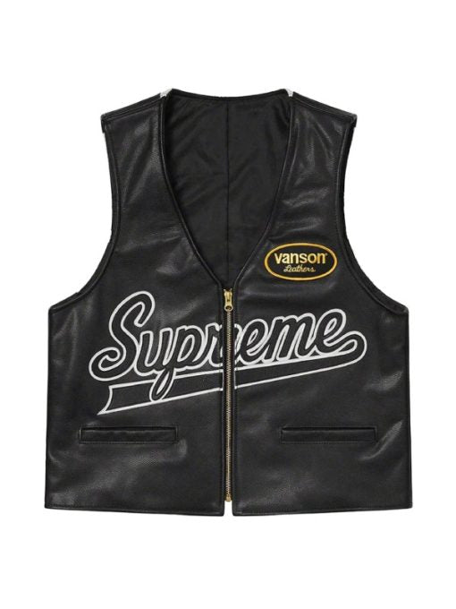 Supreme spider web black leather vest front view with bold web stitching on genuine leather