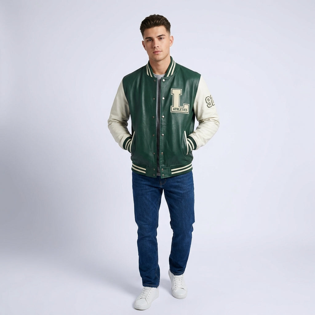 Men's Green & Cream Wool Leather Varsity Jacket
