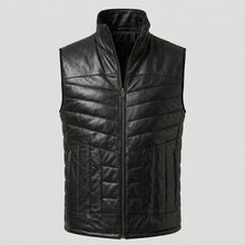 Laden Sie das Bild in den Galerie-Viewer, Men’s Black Quilted Leather Puffer Vest – Insulated Biker Vest
