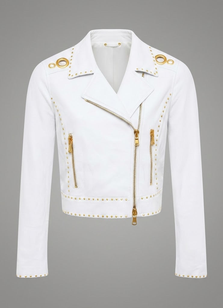 Signature Schneewittchen-Leder-Bikerjacke – Goldbesetzte Luxus-Motorradjacke
