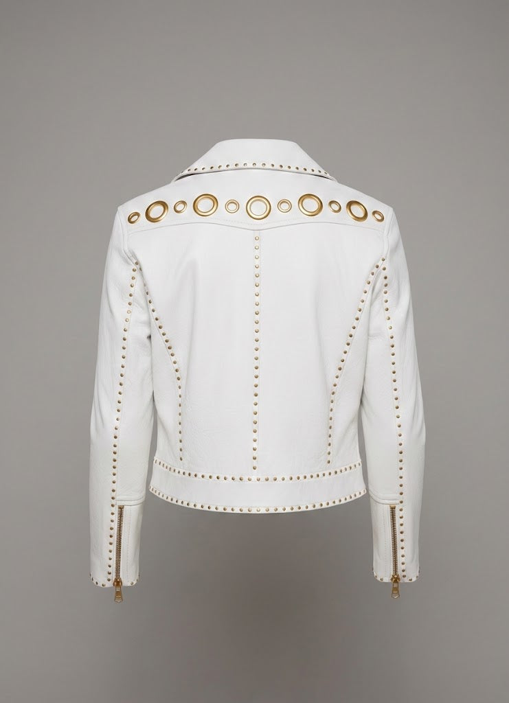 Signature Schneewittchen-Leder-Bikerjacke – Goldbesetzte Luxus-Motorradjacke