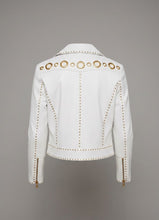 Load image into Gallery viewer, Signature Snow White Leather Biker Jacket – Gold Studded Luxury Moto
