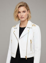 Load image into Gallery viewer, Signature Snow White Leather Biker Jacket – Gold Studded Luxury Moto
