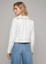 Load image into Gallery viewer, Signature Snow White Leather Biker Jacket – Gold Studded Luxury Moto
