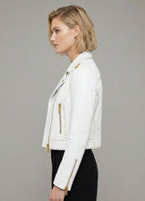 Load image into Gallery viewer, Signature Snow White Leather Biker Jacket – Gold Studded Luxury Moto
