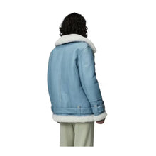 Load image into Gallery viewer, Women Light Blue Bomber Jacket RAF Aviator Stylish Leather Outlet
