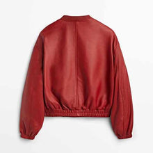 Laden Sie das Bild in den Galerie-Viewer, Damen rote Shearling Leder Bomberjacke
