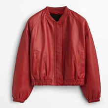 Laden Sie das Bild in den Galerie-Viewer, Damen rote Shearling Leder Bomberjacke

