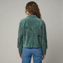 Load image into Gallery viewer, Women's Green Fringed Western Leather Jacket
