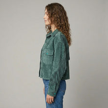 Load image into Gallery viewer, Women's Green Fringed Western Leather Jacket
