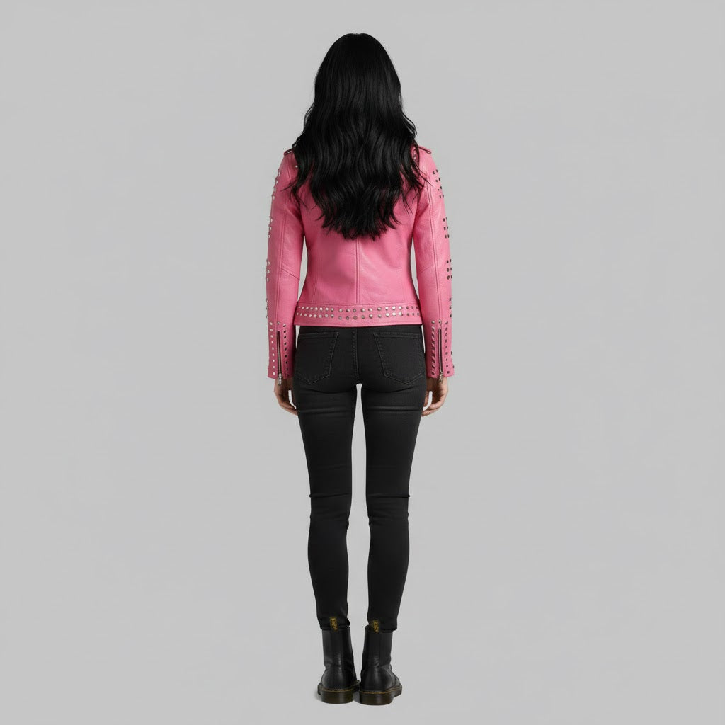 Damen Bikerjacke aus pinkfarbenem Nietenleder – Echte Motorradjacke