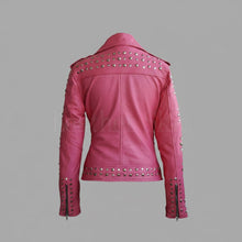 Load image into Gallery viewer, Women’s Pink Studded Leather Biker Jacket – Genuine Moto Jacket

