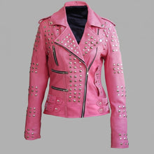 Load image into Gallery viewer, Women’s Pink Studded Leather Biker Jacket – Genuine Moto Jacket
