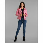 Damen Bikerjacke aus pinkfarbenem Nietenleder – Echte Motorradjacke