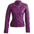 Royal Amethyst Quilted Leather Biker Jacket – Purple Moto with Gold Hardware