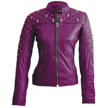 Load image into Gallery viewer, Royal Amethyst Quilted Leather Biker Jacket – Purple Moto with Gold Hardware
