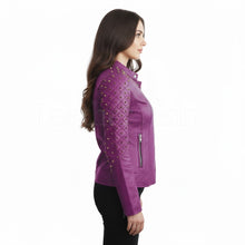 Load image into Gallery viewer, Royal Amethyst Quilted Leather Biker Jacket – Purple Moto with Gold Hardware

