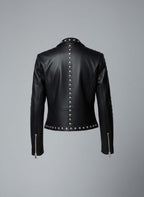 Women’s Black Studded Leather Biker Jacket – Genuine Moto Jacket with Silver Studs