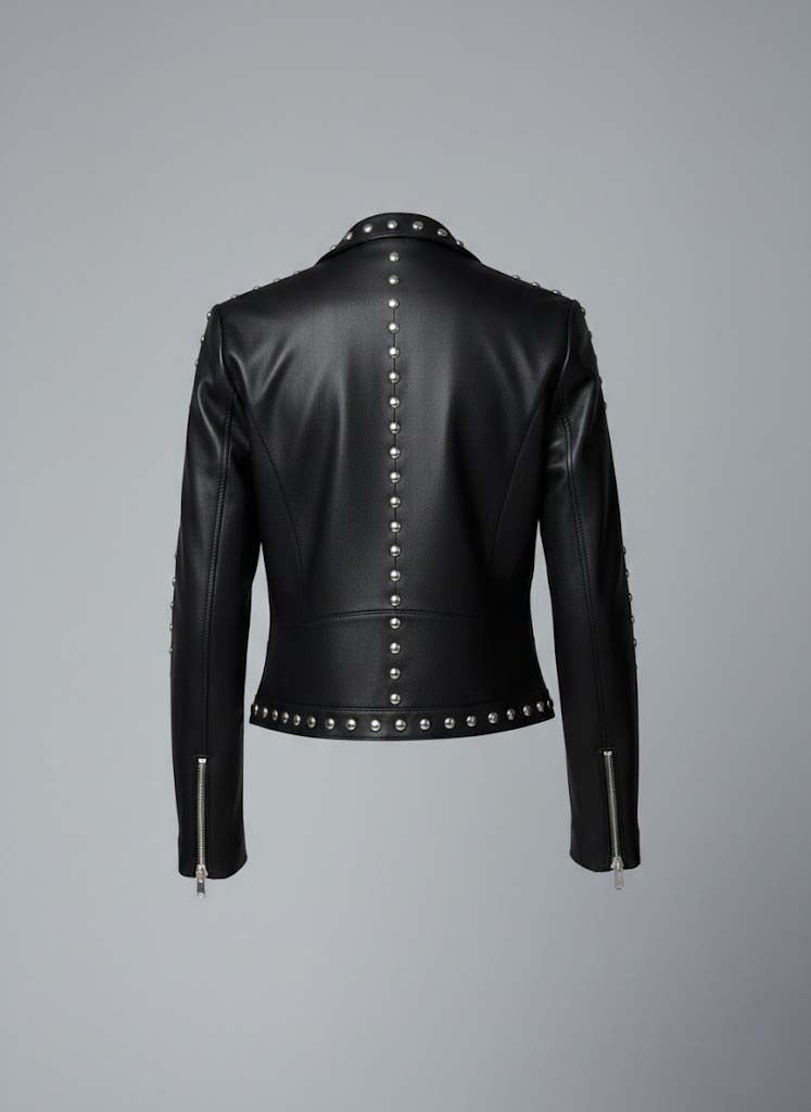 Women’s Black Studded Leather Biker Jacket – Genuine Moto Jacket with Silver Studs