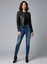 Load image into Gallery viewer, Women’s Black Studded Leather Biker Jacket – Genuine Moto Jacket with Silver Studs
