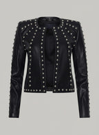 Women’s Black Studded Leather Biker Jacket – Genuine Moto Jacket with Silver Studs