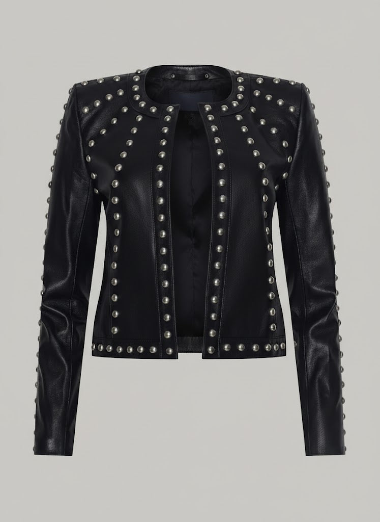 Women’s Black Studded Leather Biker Jacket – Genuine Moto Jacket with Silver Studs