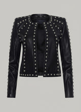 Load image into Gallery viewer, Women’s Black Studded Leather Biker Jacket – Genuine Moto Jacket with Silver Studs
