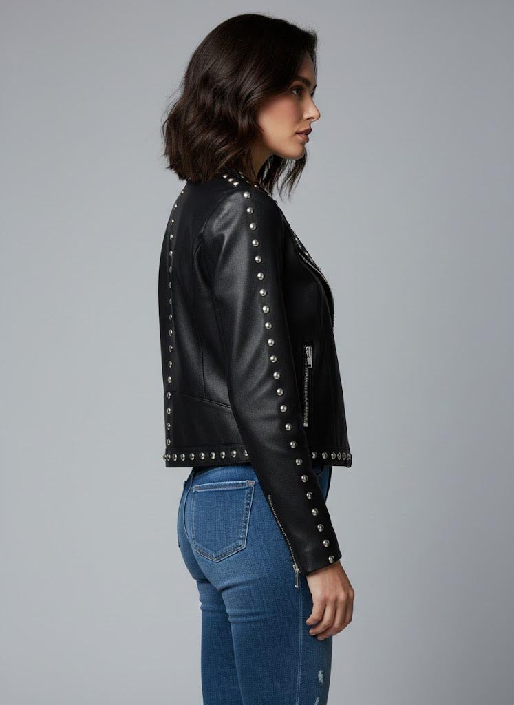 Women’s Black Studded Leather Biker Jacket – Genuine Moto Jacket with Silver Studs
