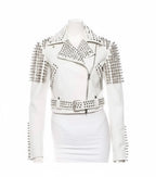 Women’s Black Cropped Leather Jacket – Gold Studded Moto Style