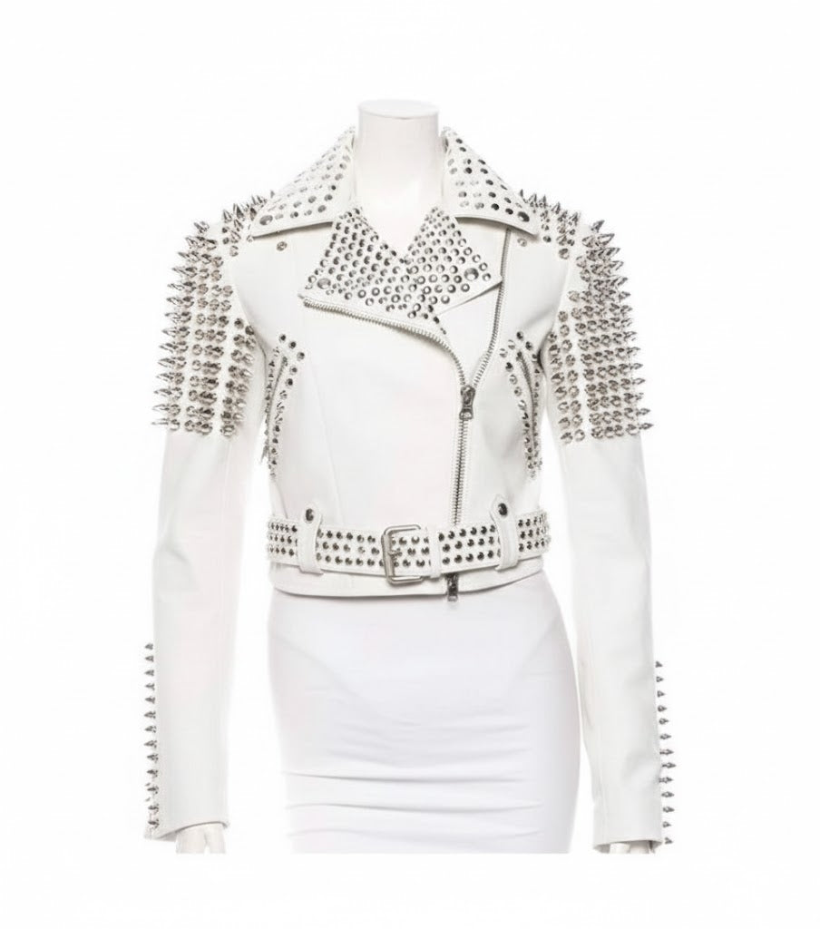 Women’s Black Cropped Leather Jacket – Gold Studded Moto Style