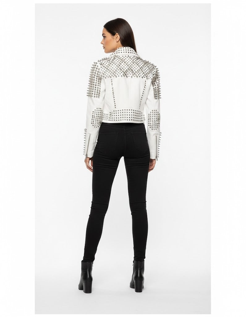 Women’s Black Cropped Leather Jacket – Gold Studded Moto Style