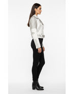 Women’s Black Cropped Leather Jacket – Gold Studded Moto Style