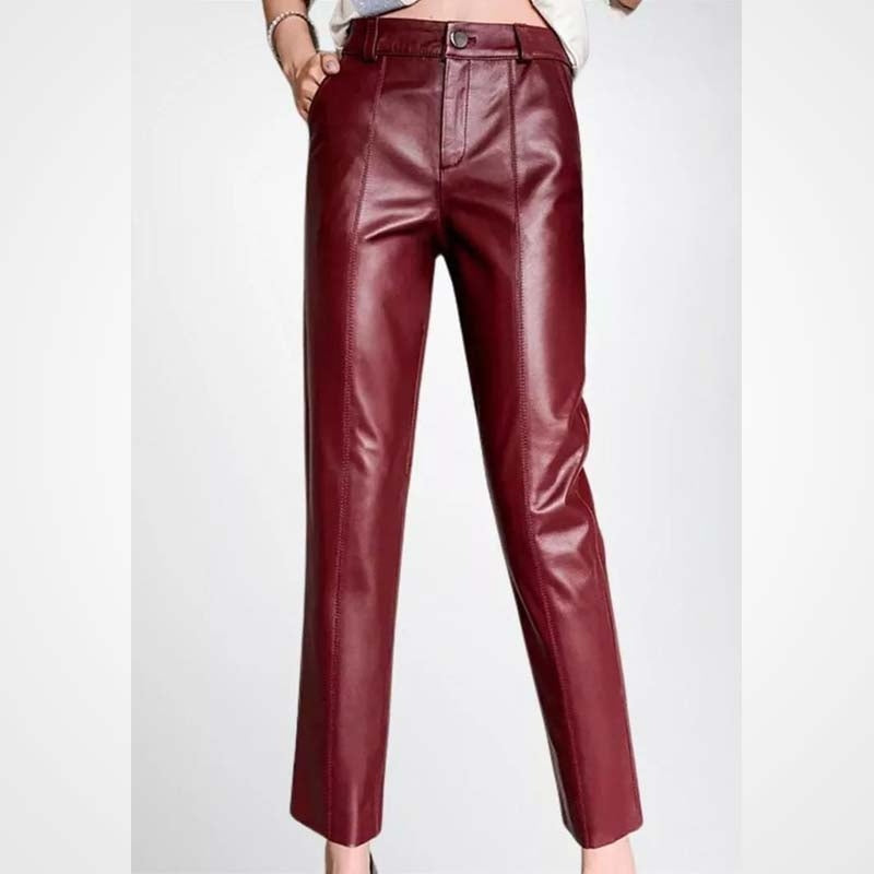 Damen Bleistifthose aus bordeauxfarbenem Lammleder