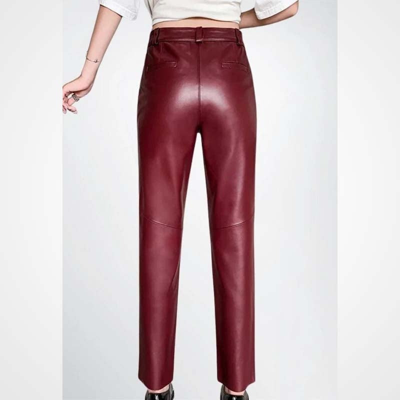 Damen Bleistifthose aus bordeauxfarbenem Lammleder