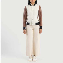 Load image into Gallery viewer, Womens White &amp; Brown Varsity Jacket
