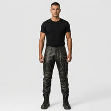 Laden Sie das Bild in den Galerie-Viewer, Men’s Black Sheepskin Leather Cargo Pants – Biker Style Leather Trousers
