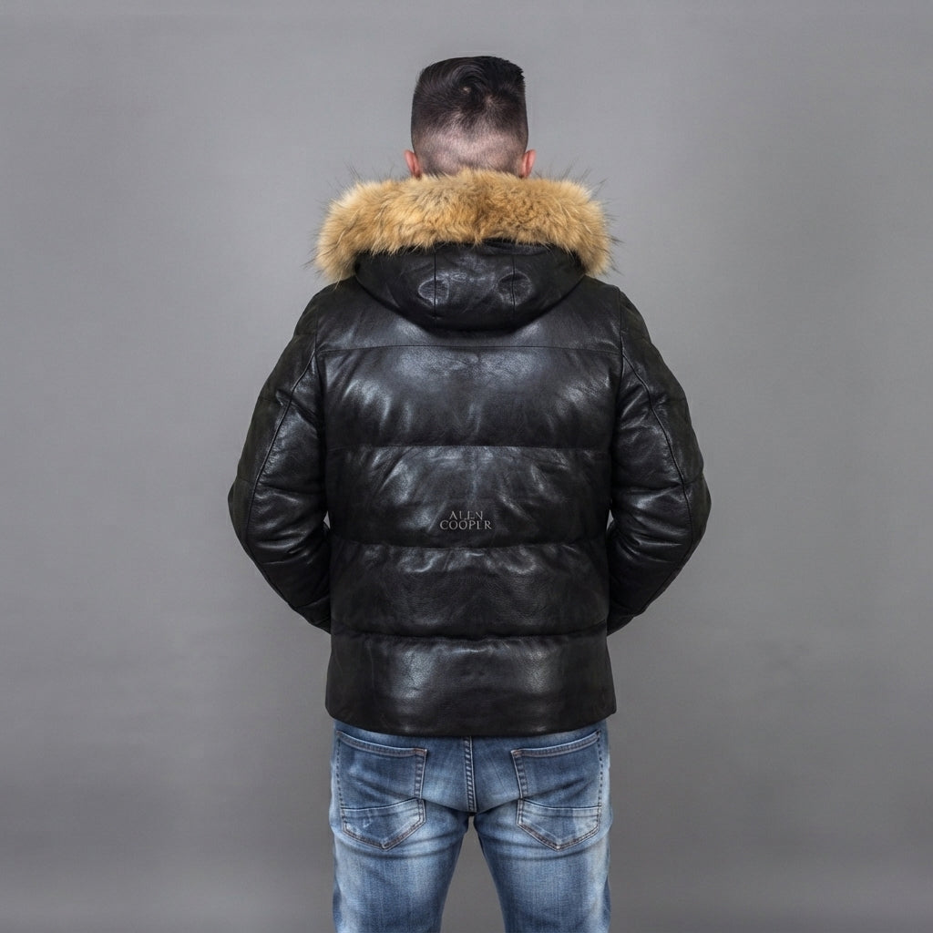 Men's Goose Down Leather Bomber Jacket