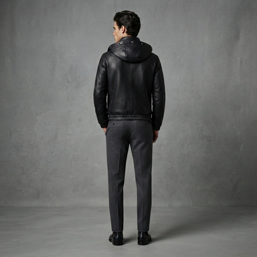 Men's Black Leather Hooded Jacket