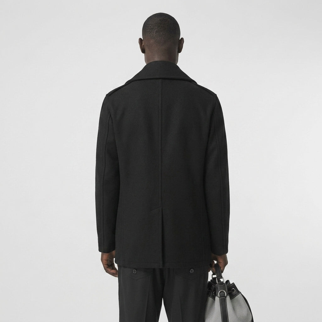 Men’s Black Fleece Peacoat – Classic Double Breasted Winter Coat